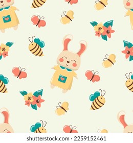 Spring seamless pattern with a cute bunny in a dress, a bee, a butterfly and flowers. Drawn style. In light colors.