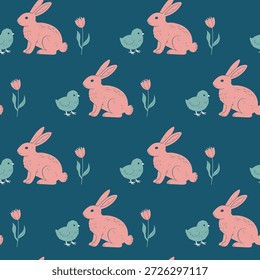 Patrón de primavera sin fisuras con conejito lindo, pollito y tulipanes. Lindo fondo oscuro para el diseño de primavera, tela y envoltura de regalo.