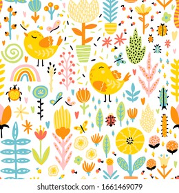 Spring seamless pattern with cute cartoon birds with chickens, flowers, rainbow, insects in a colorful palette. Vector childish illustration in hand-drawn Scandinavian style.