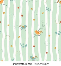 Spring seamless pattern with cute cartoon animals and flowers on soft green background,vector illustration