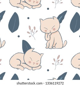 Spring seamless pattern, cute cat illustration. Vector 