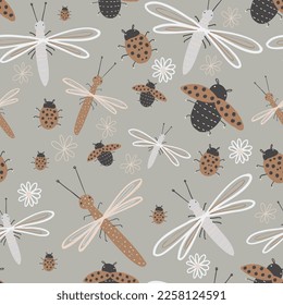 spring seamless pattern cute childish. seamless pattern with many decorative insects and beetles. For fashion fabrics, children's clothing, t-shirts, cards, templates and scrapbooking. Children's draw