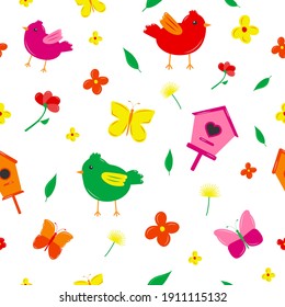 Spring seamless pattern with cute decor elements, colorful butterflies, birds, bird houses and flowers. Flat style. Vector illustration isolated on white background.