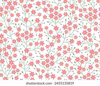 Patrón sin costuras de primavera. Lindo patrón simple delicado con Pequeñas flores y cogollos sakura. Flores rosas sobre fondo blanco. Patrón de verano. Patrón de Vector para estampados de diseño y moda. 