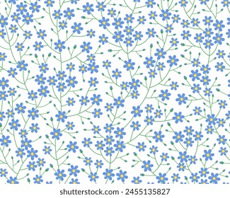 Spring seamless pattern. Cute delicate simple pattern with small flowers, branches and buds. Blue flowers on a white background. Summer pattern. Vector pattern for design and fashion prints. 