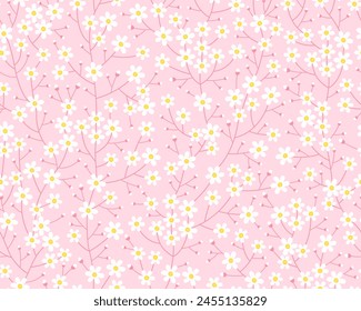 Spring seamless pattern. Cute delicate simple pattern with small flowers and buds. White flowers on a pink background. Summer pattern. Vector pattern for design and fashion prints. Daisies.