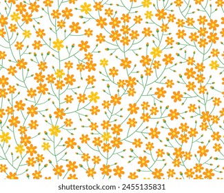Spring seamless pattern. Cute delicate simple pattern with small flowers, branches and buds. Yellow flowers on a white background. Summer pattern. Vector pattern for design and fashion prints. 