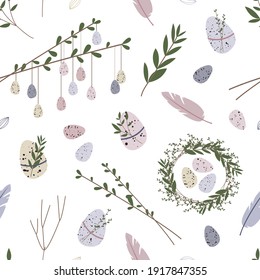 Spring seamless pattern. Cute easter egg, nest, feather, branch, leaves. Eco rustic decoration. Vector flat cartoon illustration. Perfect for textile, wrapping paper