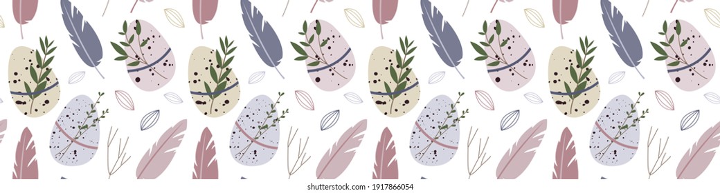 Patrón sin fisuras de primavera. Huevo de Pascua, nido, pluma, rama, hojas. Decoración rústica y ecológica. Ilustración de dibujos animados planos vectores. Perfecto para papel textil, envuelto