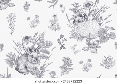 Spring seamless pattern. Cute Easter bunnies. Floral Black and white vector illustration. Rabbits among flowers. Hares and wildflowers. Template for Festive wrapping paper.