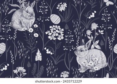 Spring seamless pattern. Cute Easter bunnies and Easter eggs. Floral Black and white vector illustration. Rabbits among flowers. Hares and wildflowers. Template for Festive wrapping paper.