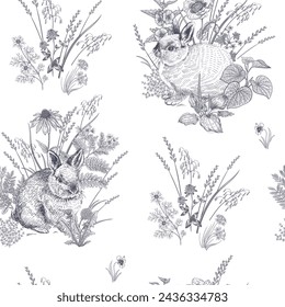 Spring seamless pattern. Cute Easter bunnies. Floral Black and white vector illustration. Rabbits among flowers. Hares and wildflowers. Template for Festive wrapping paper.