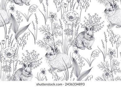 Spring seamless pattern. Cute Easter bunnies. Floral Black and white vector illustration. Rabbits among flowers. Hares and wildflowers. Template for Festive wrapping paper.