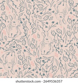 Padrão sem costura de mola. Bonitos coelhos de Páscoa. Floral Ilustração de vetor preto e branco. Coelhos entre flores. Lebres e flores silvestres Modelo para papel de embrulho festivo.
