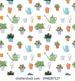 Spring seamless pattern with cute elements: flowers, plants in pots, watering can for flowers. Vector background.