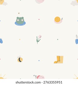 Spring seamless pattern with cute elements. Isolated cartoon flat background. Butterfly, frog, bee, snail, beetle, boots, flowers, berries, sun, leaves. Spring vibes.