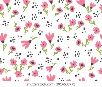 Spring seamless pattern with cute flowers. Hand drawn summer flora textile. Vector illustration of spring holidays snowdrops decoration. Seamless cute flower pattern. Print romantic natural plants