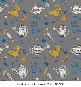 Spring seamless pattern with cute garden tools. Repeating background with watering can, shovel, rubber boots and flowers. Gardening concept. Hand drawn vector illustration