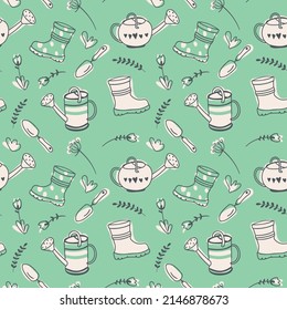 Spring seamless pattern with cute garden tools. Repeating background with watering can, shovel, rubber boots and flowers. Gardening concept. Hand drawn vector illustration