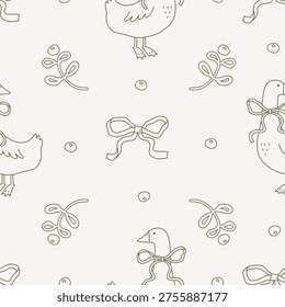 Spring seamless pattern with cute goose, bows and berries. Vector illustration
