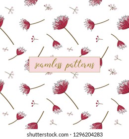 Spring seamless pattern with cute pink flowers on transparent background