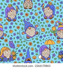 Spring seamless pattern cute repeat design. Cartoon scandinavian gnomes vector art. Blue yellow purple palette. Spring symbols - flowers, butterfly, bird. Textile print, fabric design or wallpaper.