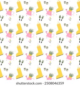 Spring seamless pattern, cute seasonal objects. Vector illustration in flat style
