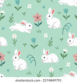 Spring seamless pattern with cute white rabbits and flowers. Vector graphics.