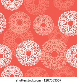 Spring seamless pattern with decorative  flowers in coral red color. Ornament for print, fabric, textile, invitation card background, paper, wallpapers, gift wrap. Vector.