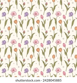 Spring seamless pattern. Decorative ornamental seamless spring pattern design. Vector illustration pattern design for Poster, Banner, Flyer, Card, Cover, Post, Promotion, fabric, backgrounds, package.