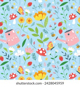 Spring seamless pattern. Decorative ornamental seamless spring pattern design. Vector illustration pattern design for Poster, Banner, Flyer, Card, Cover, Post, Promotion, fabric, backgrounds, package.
