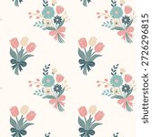 Spring seamless pattern with delicate bouquets with tulips, daisies and spring flowers. Soft floral background in flat style