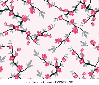Spring Seamless Pattern with delicate flowers blooming sakura branches apple tree pink flowers pastel fresh colors Vector illustration