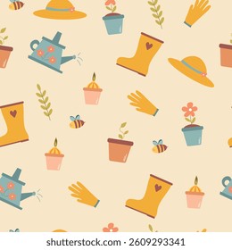  Spring seamless pattern with different flowers in pots, rubber boots, gloves for gardening and watering can. Cartoon gardening illustration. Perfect for wrapping paper, scrapbooking paper, and kids.