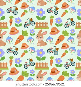 Spring seamless pattern with different spring illustrations including carrot, hat, bicycle, violet and more . . .	