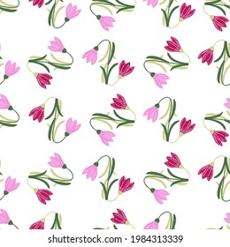 Spring seamless pattern with doodle bluebell elements. White background. Floral backdrop. Flat vector print for textile, fabric, giftwrap, wallpapers. Endless illustration.