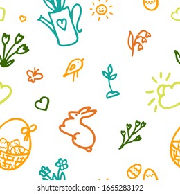 Spring seamless pattern with doodle elements. Hand drawn icon bird, umbrella, birdhouse, flowerpot, rubberboot, su, easter egg, flower, rain cloud, butterfly.