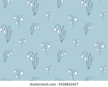 Spring seamless pattern of Doodle Outline Snowdrops. Cute hand drawn silhouette Blooming Flower on blue background. Seasonal botanical Floral pattern for wallpaper, fabric print, covers