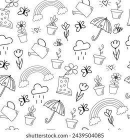 Spring seamless pattern with doodle watering cans, flowers,  umbrellas, rainbow.  Hand drawn elements.