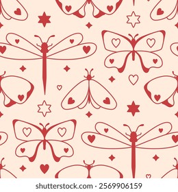 Spring seamless pattern with dragonfly and butterflies .Tender cream and red color scheme. Elegant and printable fabric design, girly holiday decor, wallpaper, wrapping paper or endless background