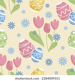 Spring seamless pattern Easter background. Flowers tulips and daisies with decorated eggs for Easter Day, illustrations for the background in a modern cartoon character. Pastel cute colors.