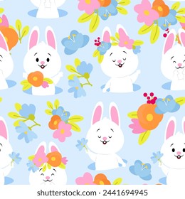 Spring seamless pattern of Easter bunnies and flowers on a blue background