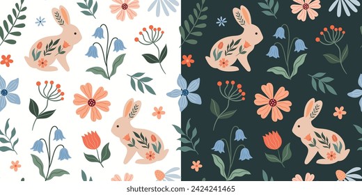 Spring seamless pattern with Easter bunny, plants and flowers