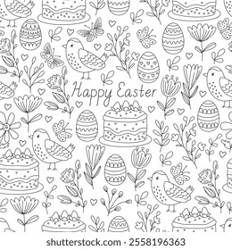 Spring seamless pattern with Easter eggs, cakes, flowers and cute birds. Vector illustration and lettering in doodle hand drawn style, black outline. Great for coloring, wrapping paper