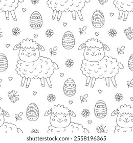 Spring seamless pattern with Easter eggs, flowers, little funny lambs and butterflies. Vector illustration in doodle hand drawn style, black outline. Great for coloring, wrapping paper