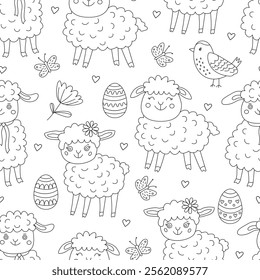 Spring seamless pattern with Easter eggs, flowers, little funny lambs and cute birds. Vector illustration in doodle hand drawn style, black outline. Great for coloring, wrapping paper