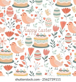 Spring seamless pattern with Easter eggs, cakes, flowers and cute birds on white background. Vector illustration in hand drawn flat style, pastel colors for wrapping paper, festive textile