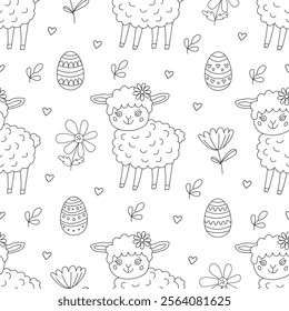 Spring seamless pattern with Easter eggs, flowers and little funny lambs. Vector illustration in doodle hand drawn style, black outline. Great for coloring, wrapping paper