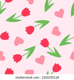 Spring seamless pattern in flat style with flowers and hearts on pink background. Valentines cards, banners, posters, mug, scrapbooking, pillow case, phone cases and clothes design. 