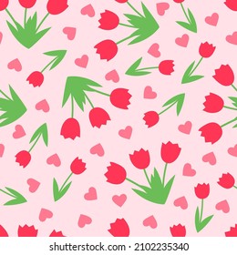 Spring seamless pattern in flat style with flowers and hearts on pink background. Valentines cards, banners, posters, mug, scrapbooking, pillow case, phone cases and clothes design. 